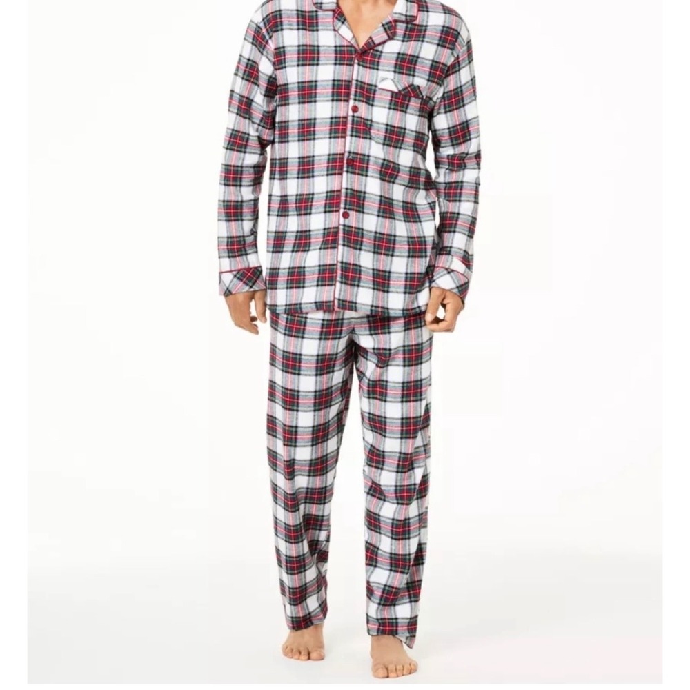 Mens Stewart Plaid Flannel 2 Piece Pajama Set Red/White Med Holiday Christmas